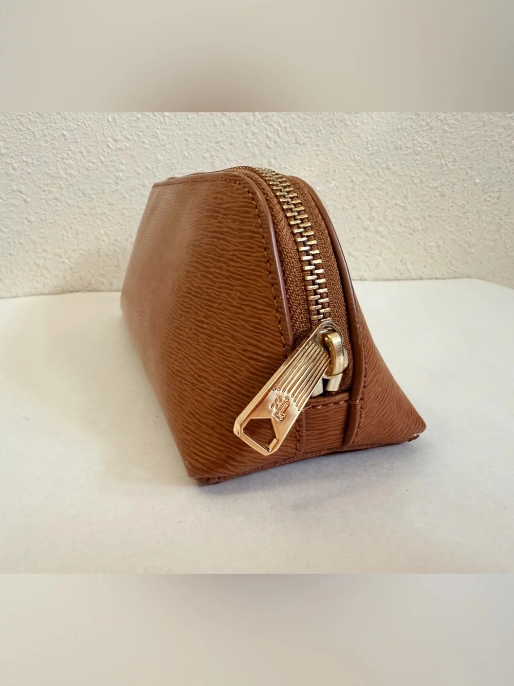 Lauren Ralph Lauren Brown Textured Makeup Cosmetic Pencil Case Gold Hardware